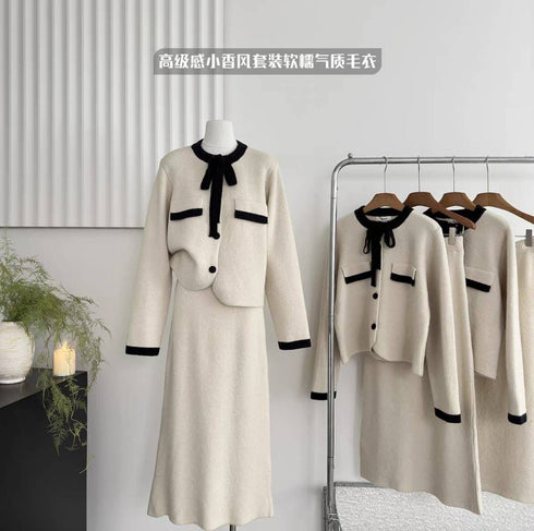 Premium Ribbon Collar Soft Sweater With Skirts Sets